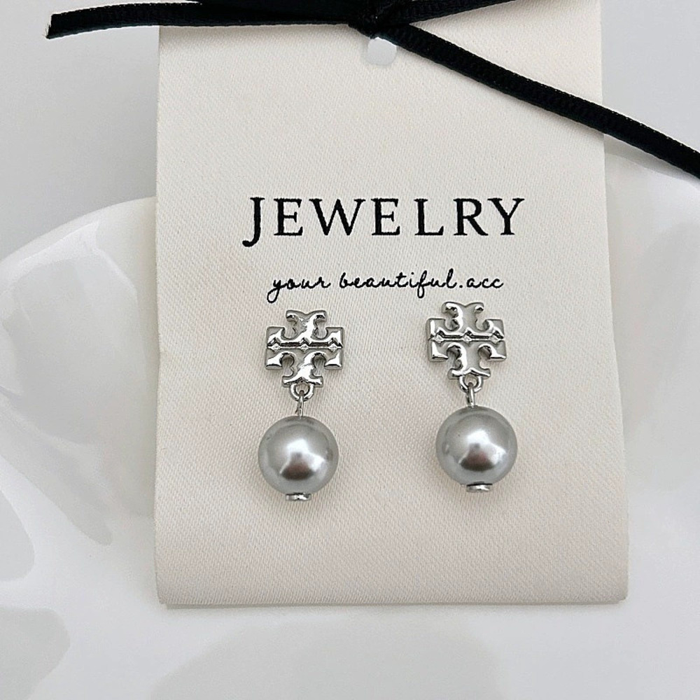 Tory Burch Logo Letter Stud Pearl Drop Earrings